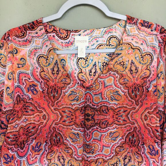 Chico’s Tunic Top 2 L Coral Paisley Light Layer Drapey Coastal Boho Blouse - Picture 7 of 14